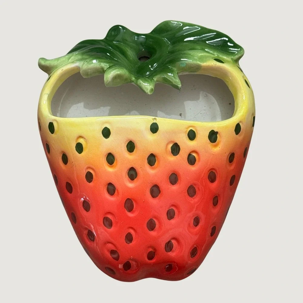 Vintage Ceramic Strawberry Wall Pocket Planter Red Yellow Fruit Kitsch Decor